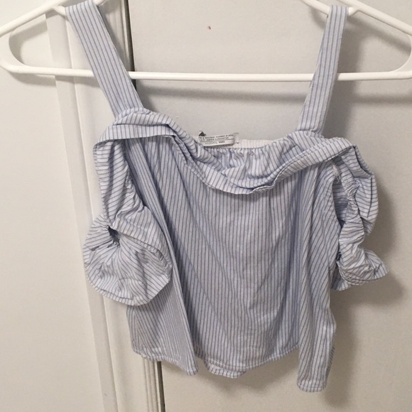 Zara Collections Blouse Top Casual Blue/White Women’s Size Small Shoulder Off - Picture 2 of 4